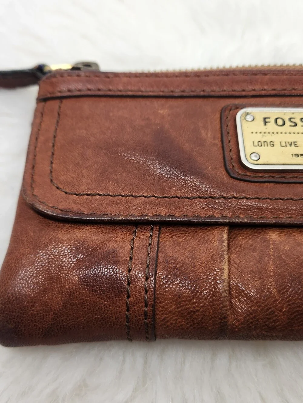 Fossil Womens Brown Soft Leather Bifold Wallet Snap Zipper